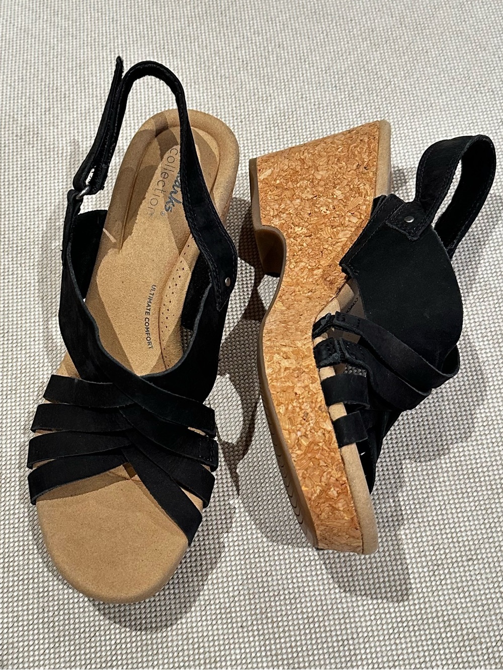 CLARKS size 10 Black Suede and Cork Heeled Sandals LIKE NEW! $89
